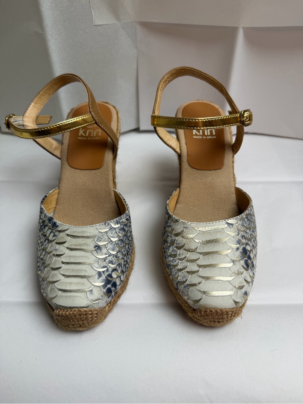 Metallic Gold Snake-Texture Espadrille Wedge Sandals with Ankle Strap